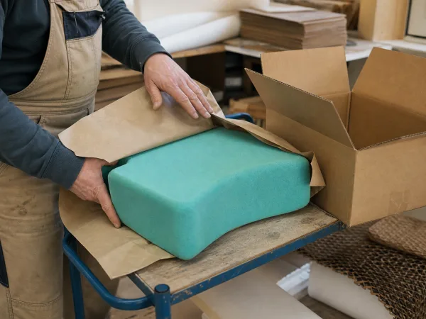 Geschütztes Verpacken eines maßgefertigten Schaumstoffpolsters für den Versand