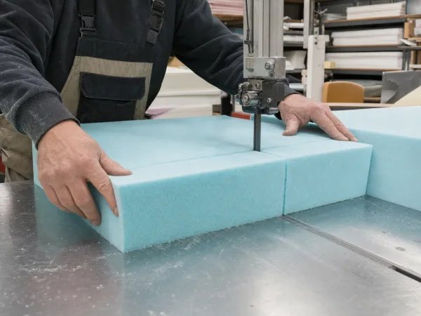 Präziser Zuschnitt eines Schaumstoffblocks an einer professionellen Schneidemaschine