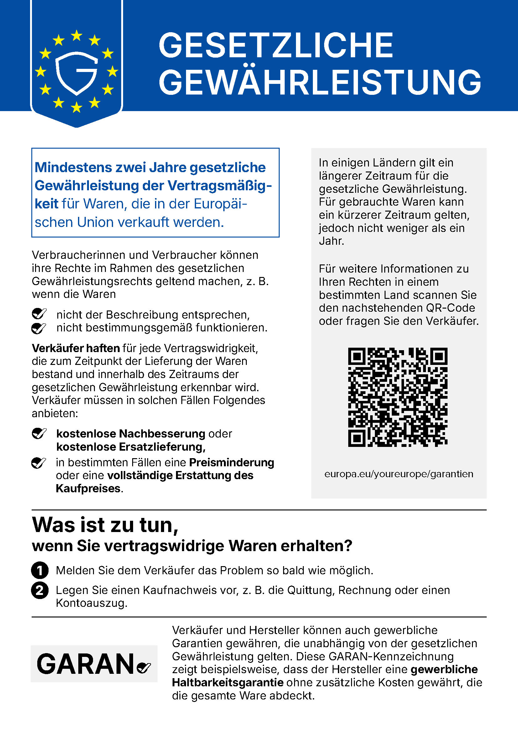 EU-Mitteilung zur gesetzlichen Gewährleistung: mindestens zwei Jahre Gewährleistung für in der EU verkaufte Waren